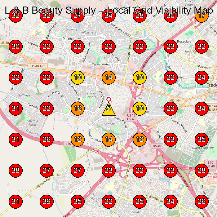 L & B Beauty Supply GeoGrid visibility map for Beauty Supply Store in Frederick